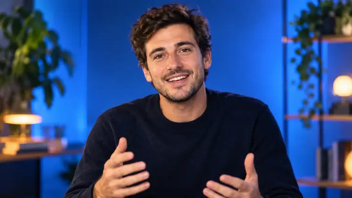 Illustrative portrait of a smiling male founder speaking on camera against a softly illuminated blue studio backdrop.